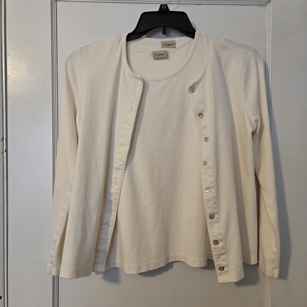 LL Bean Womens Size L Set Shell Tank and Cardigan Set Ivory Casual Work